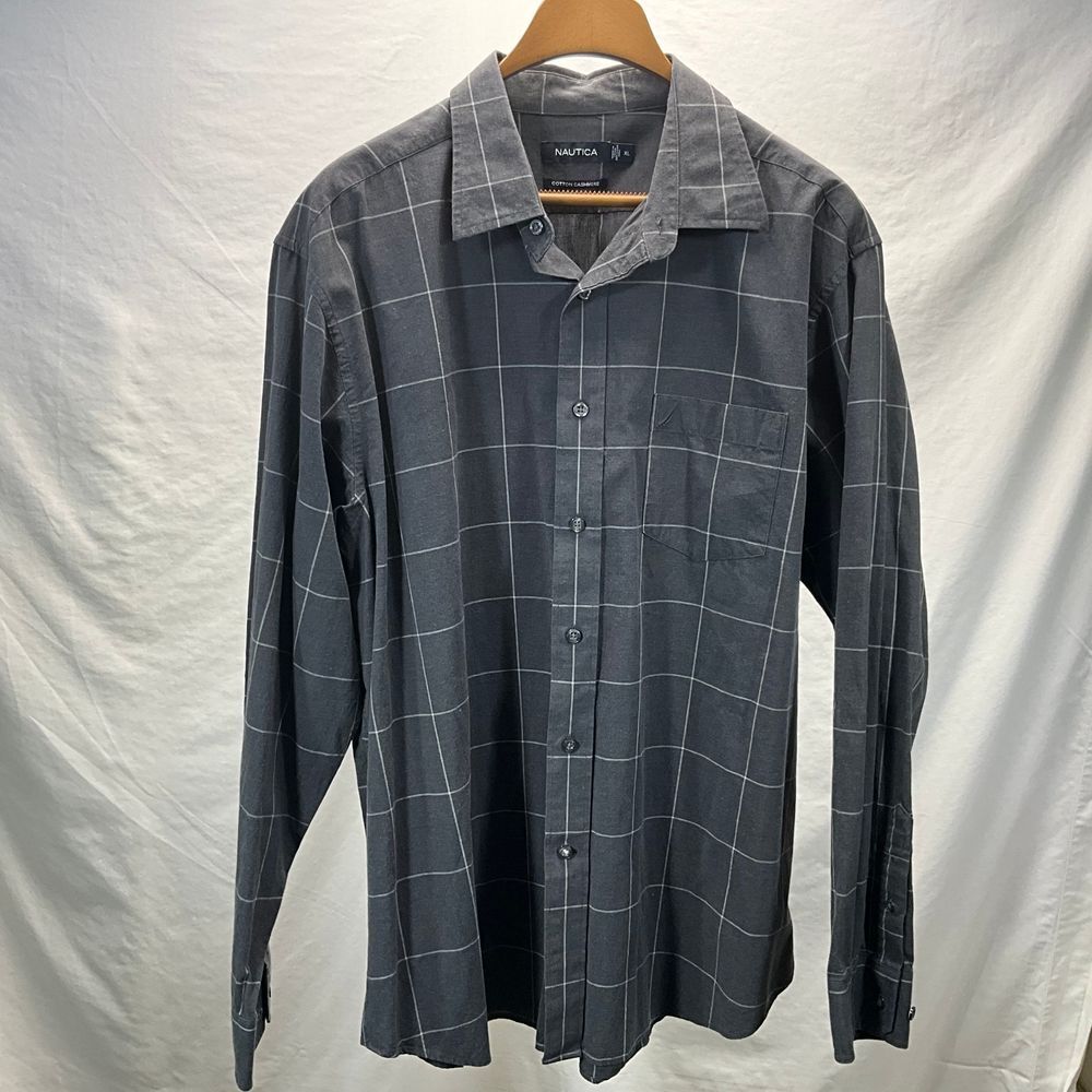 Nautica Cotton Cashmere Gray Windowpane Button Down Shirt‎ Casual Business XL